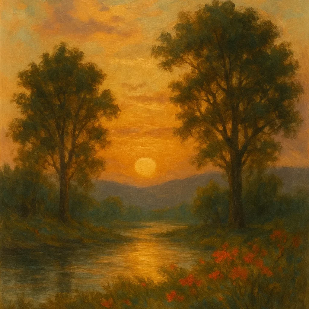 Brushstroke-style painting of a serene sunset over a river with trees, evoking comfort and hope during grief.